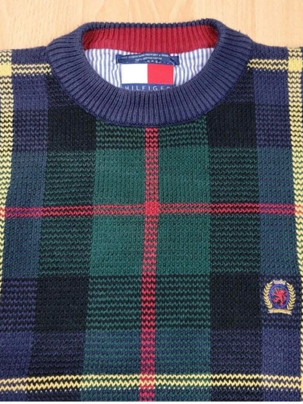 Tommy Hilfiger Green, Blue & Yellow Plaid Crewneck Sweater